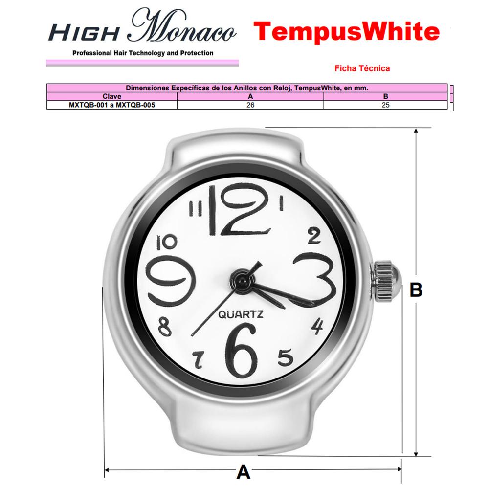 Anillo con reloj MXTQB-001 1Pza Unitalla Ancho  2,6 cm Largo 2,5 cm Acero Inoxidable Plata-Blanco, TempusWhite