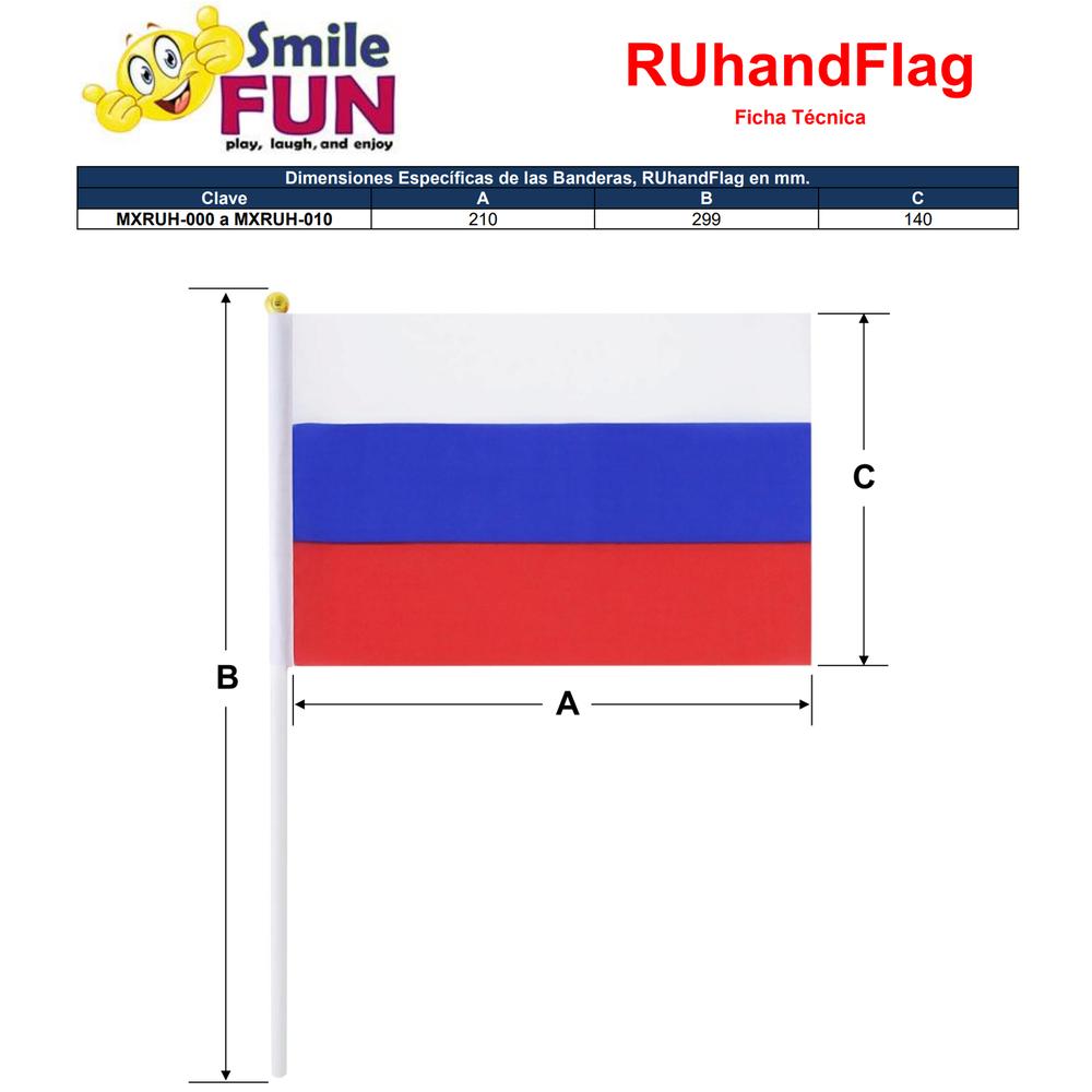 Bandera Rusia MXRUH-002 10Pzas Rusia 14x21cm Tela Poliéster Asta Plástico, RUhandFlag