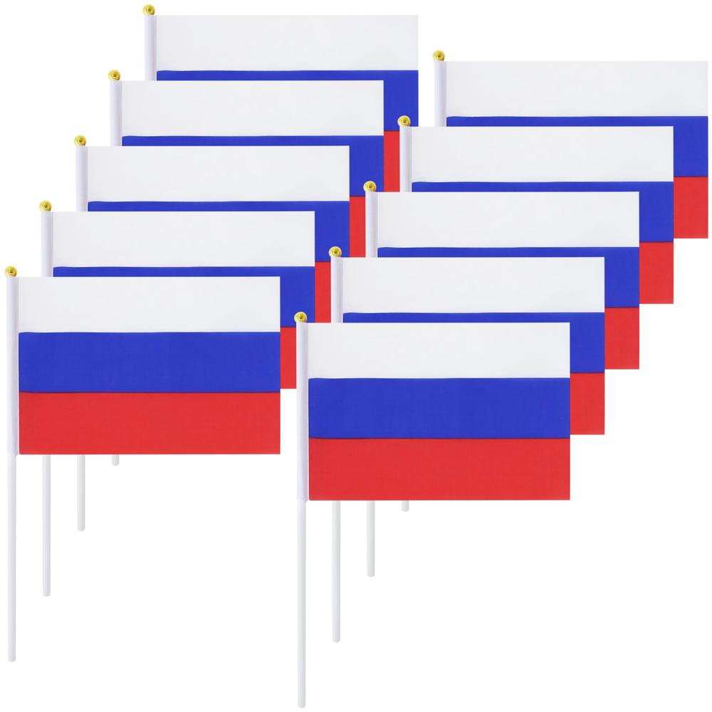 Bandera Rusia MXRUH-002 10Pzas Rusia 14x21cm Tela Poliéster Asta Plástico, RUhandFlag
