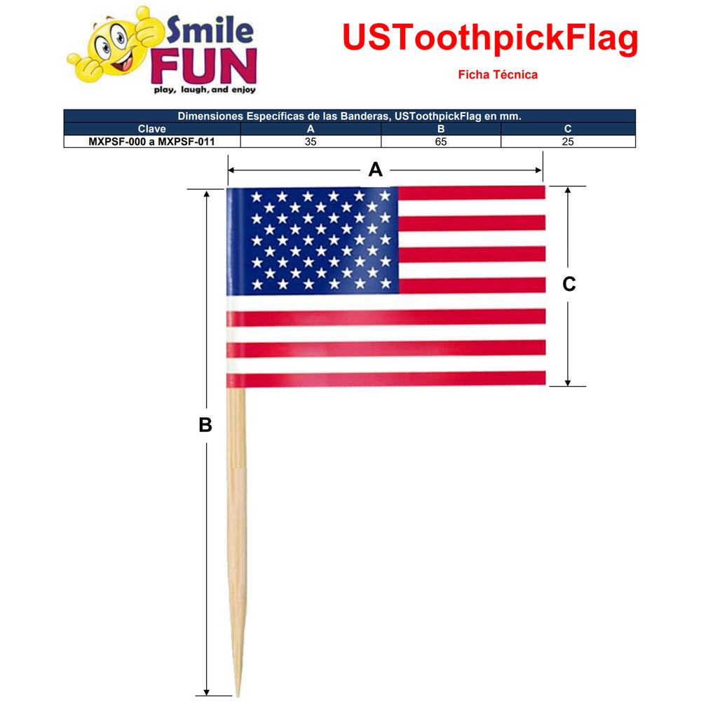 Banderines dia de los Presidentes MXPSF-001 10Pzas USA 3,5x2,5cmPapel Asta Madera RojoAzul, USToothpickFlag