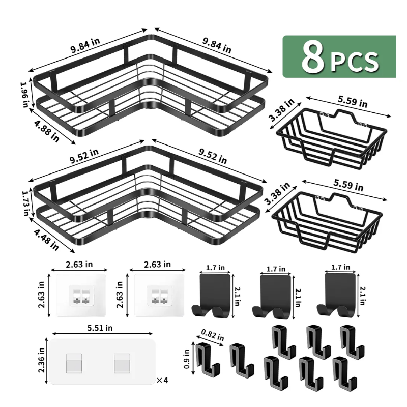 Organizador de Baño Estante Repisas de Ducha Acero Inoxidable Accesorios con 8 Piezas Negro