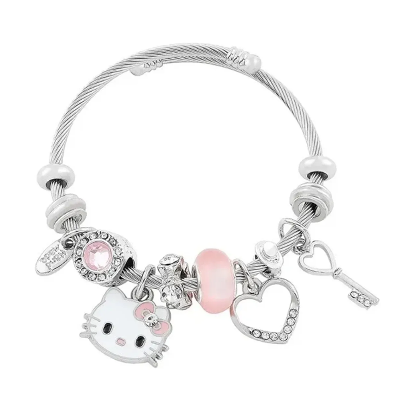 Pulsera Ajustable De Plata Con Dije De Gato Kawaii