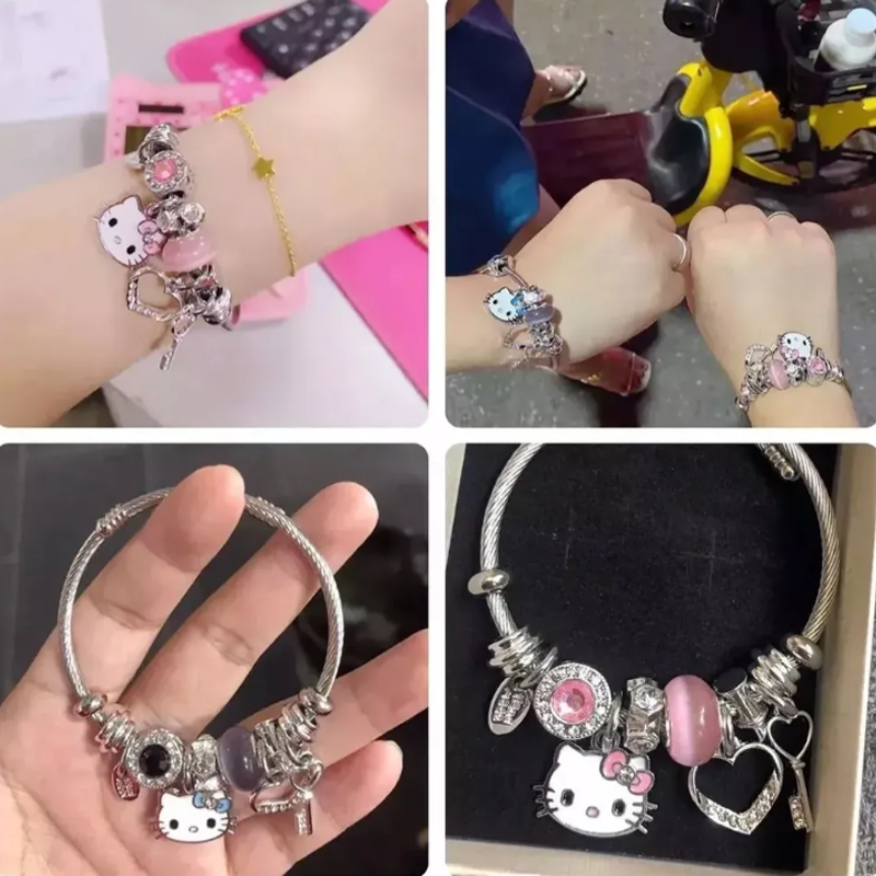 Pulsera Ajustable De Plata Con Dije De Gato Kawaii