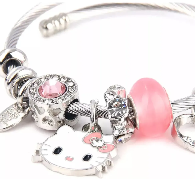 Pulsera Ajustable De Plata Con Dije De Gato Kawaii