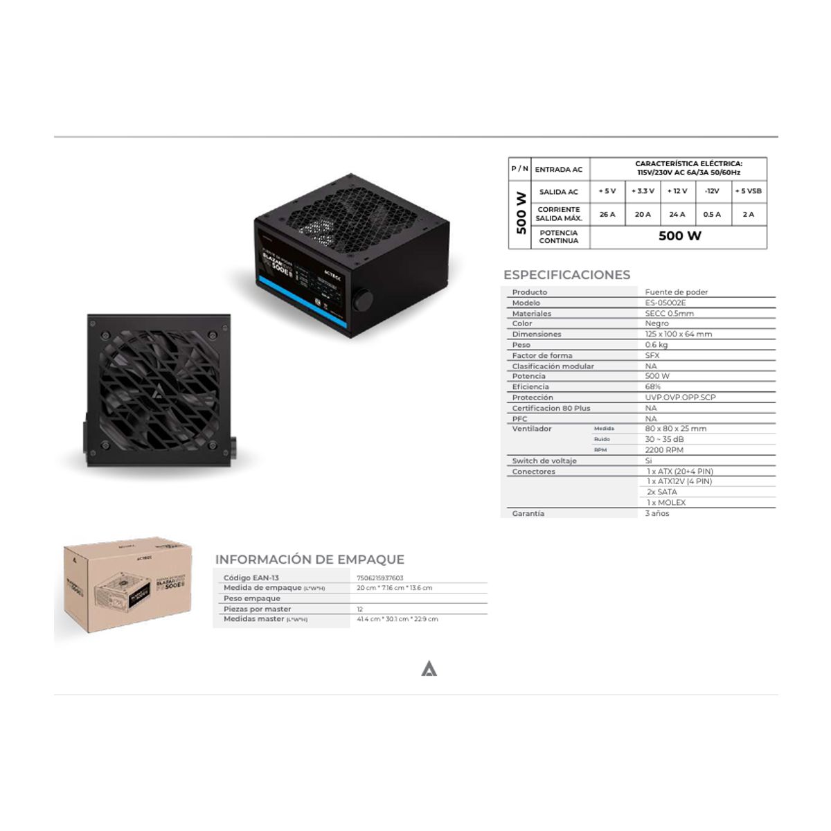 Acteck Fuente De Poder Acteck Blazar EVO FS500E Slim 500W ES-05002E