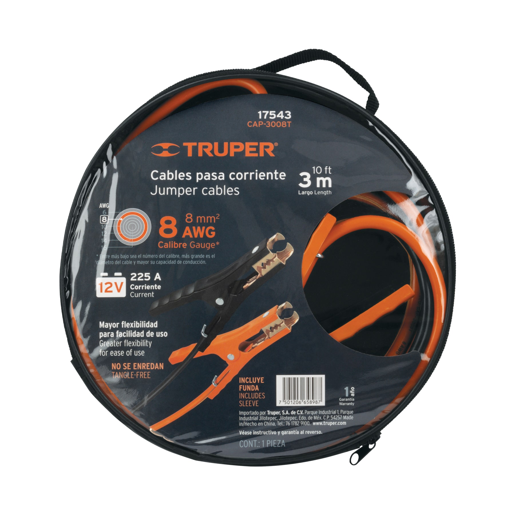 Cables Pasa Corriente 3 m 225A 8 AWG con Funda Modelo CAP-3008T Marca TRUPER