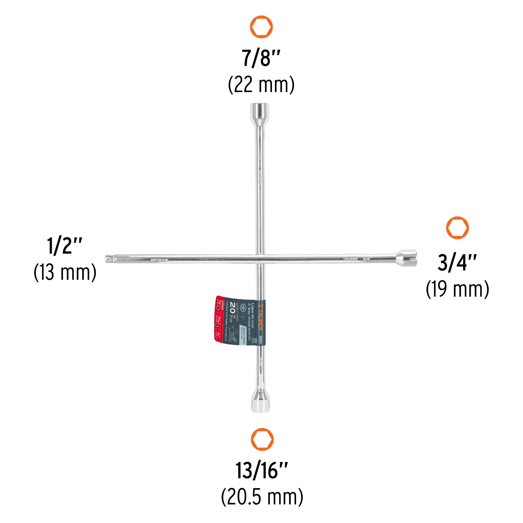 Llave de Cruz 20" Pulida y Cromada con Entrada Cuadro 1/2" Modelo LLCR-20D Marca TRUPER