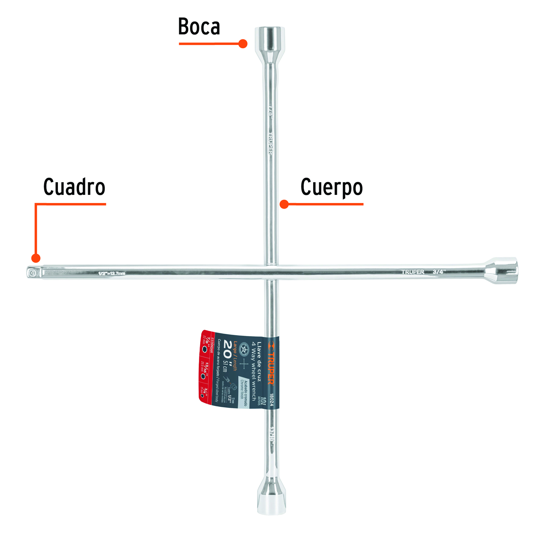 Llave de Cruz 20" Pulida y Cromada con Entrada Cuadro 1/2" Modelo LLCR-20D Marca TRUPER