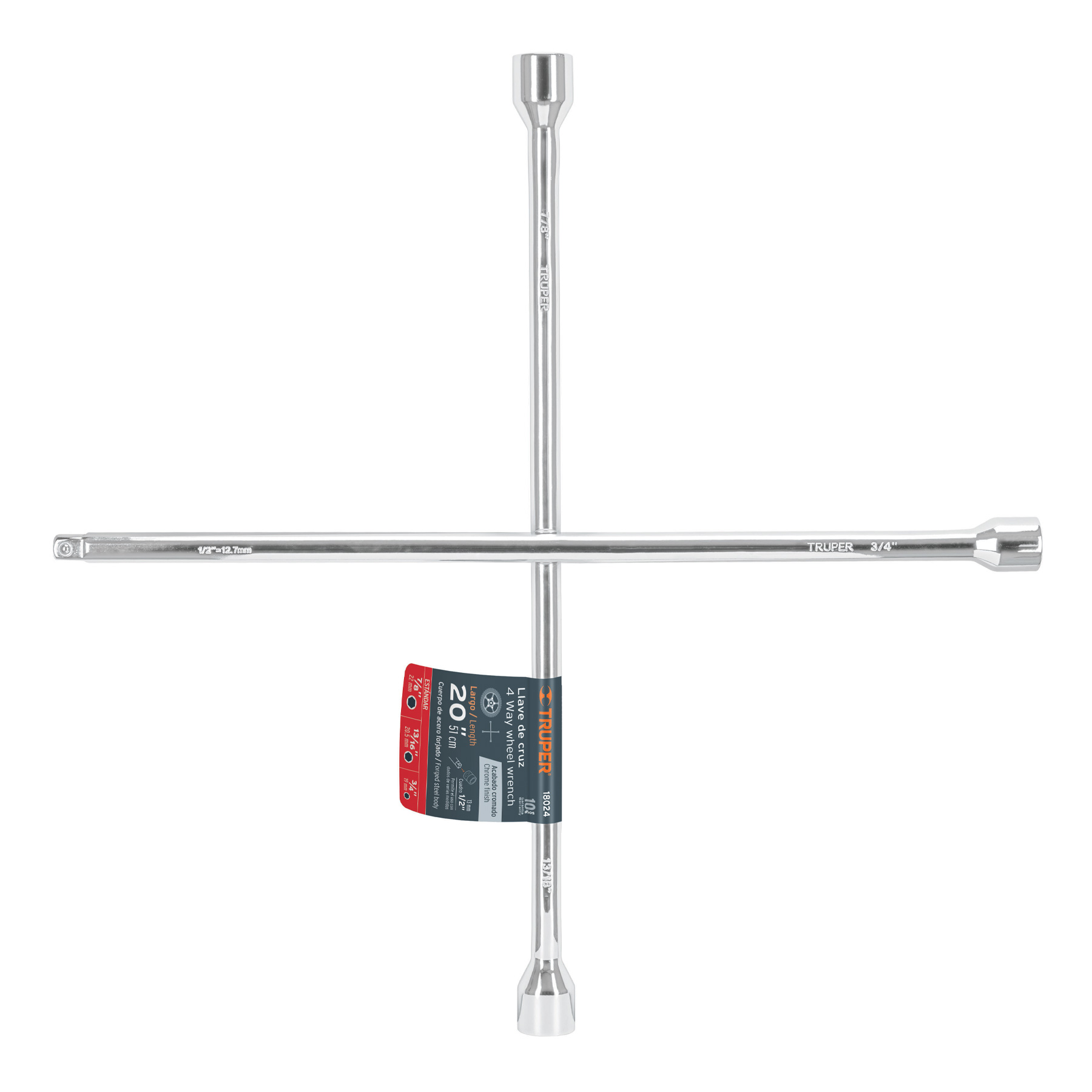 Llave de Cruz 20" Pulida y Cromada con Entrada Cuadro 1/2" Modelo LLCR-20D Marca TRUPER