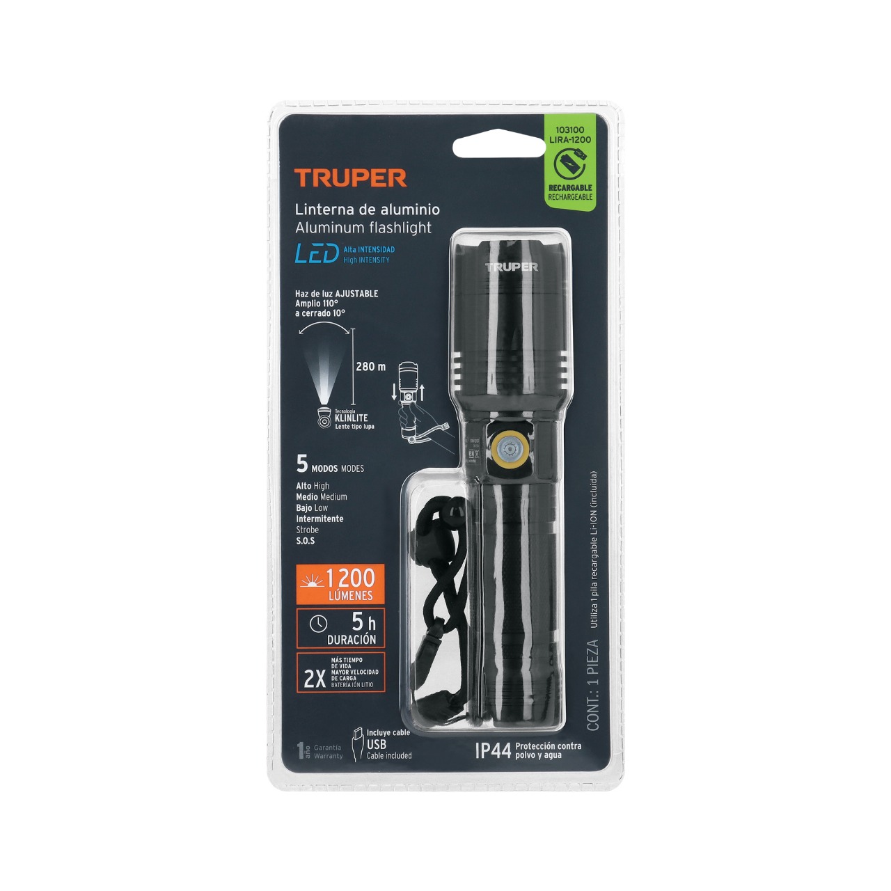 LIRA-1200	Linterna LED recargable, de aluminio, 1,200 lm, TRUPER