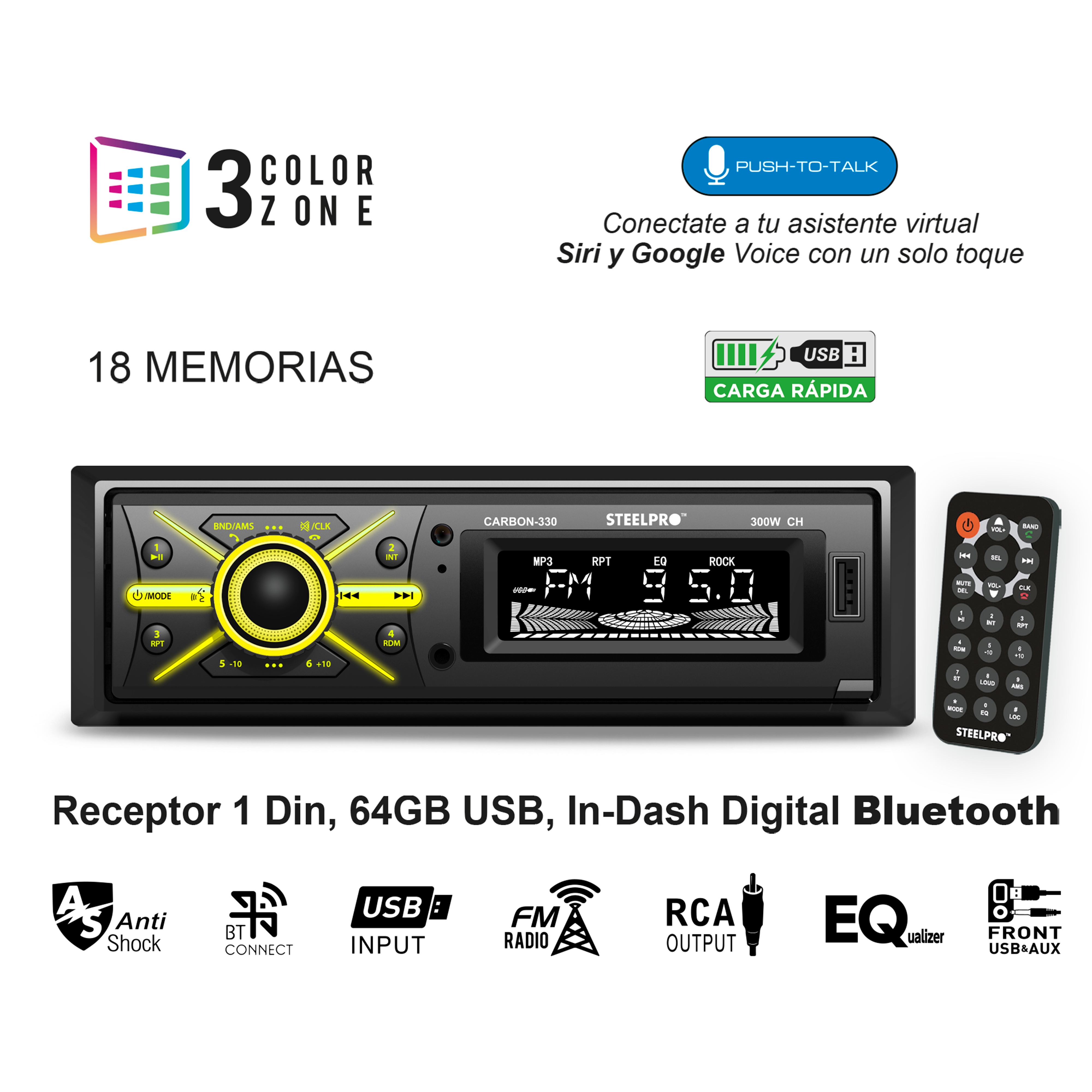 Autoestéreo  CARBON-330 1 Din Caratula desmontable STEELPRO