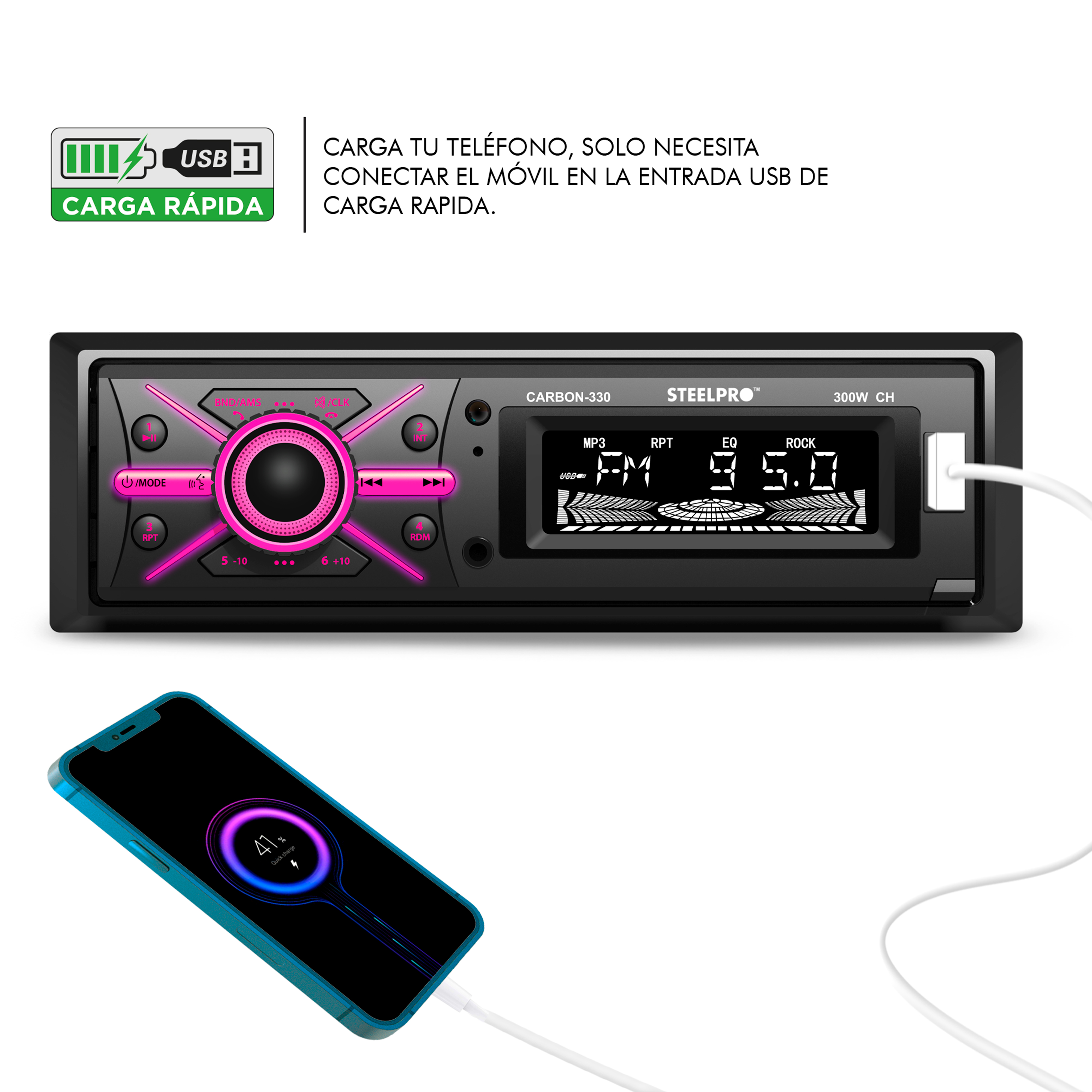 Autoestéreo  CARBON-330 1 Din Caratula desmontable STEELPRO