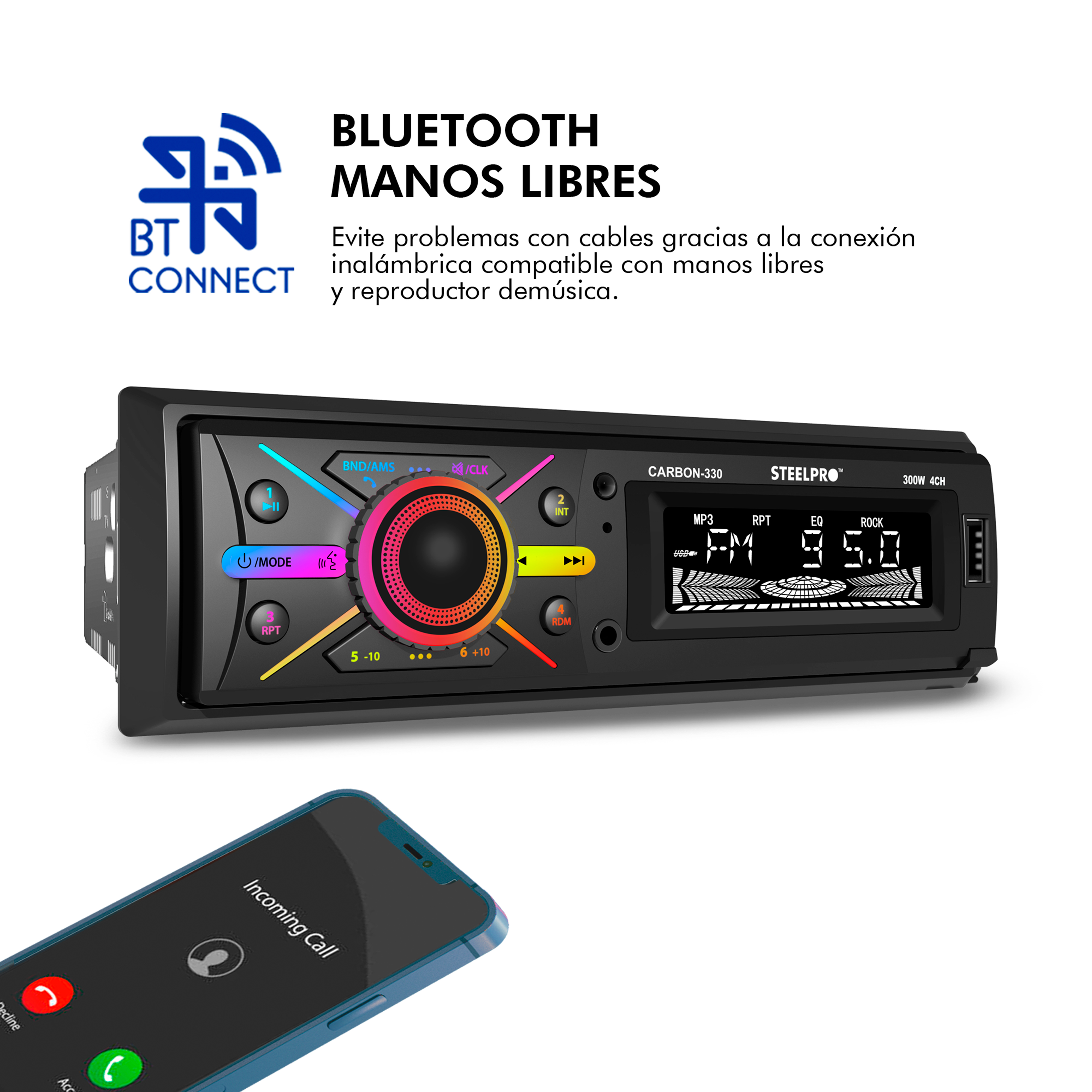 Autoestéreo  CARBON-330 1 Din Caratula desmontable STEELPRO