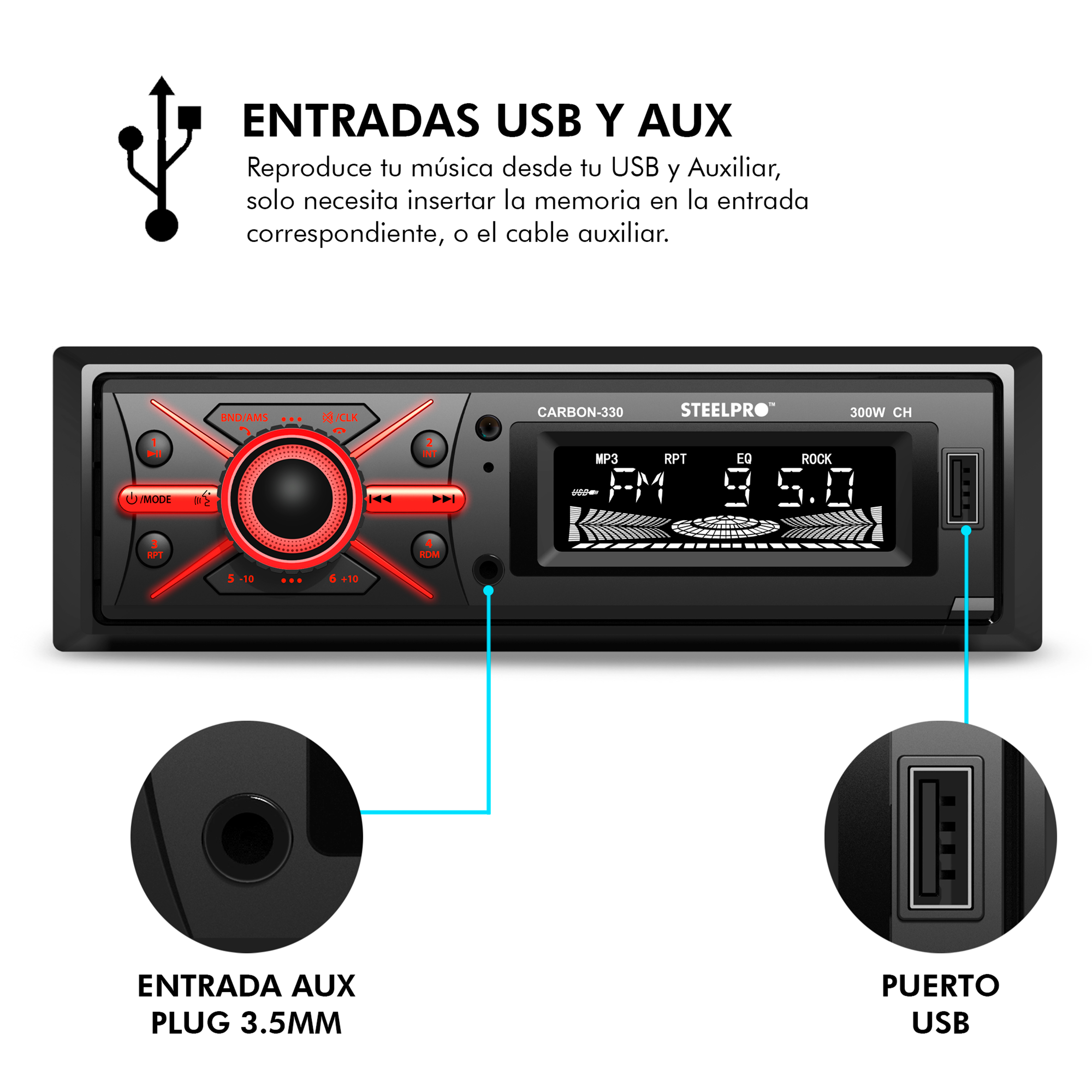 Autoestéreo  CARBON-330 1 Din Caratula desmontable STEELPRO