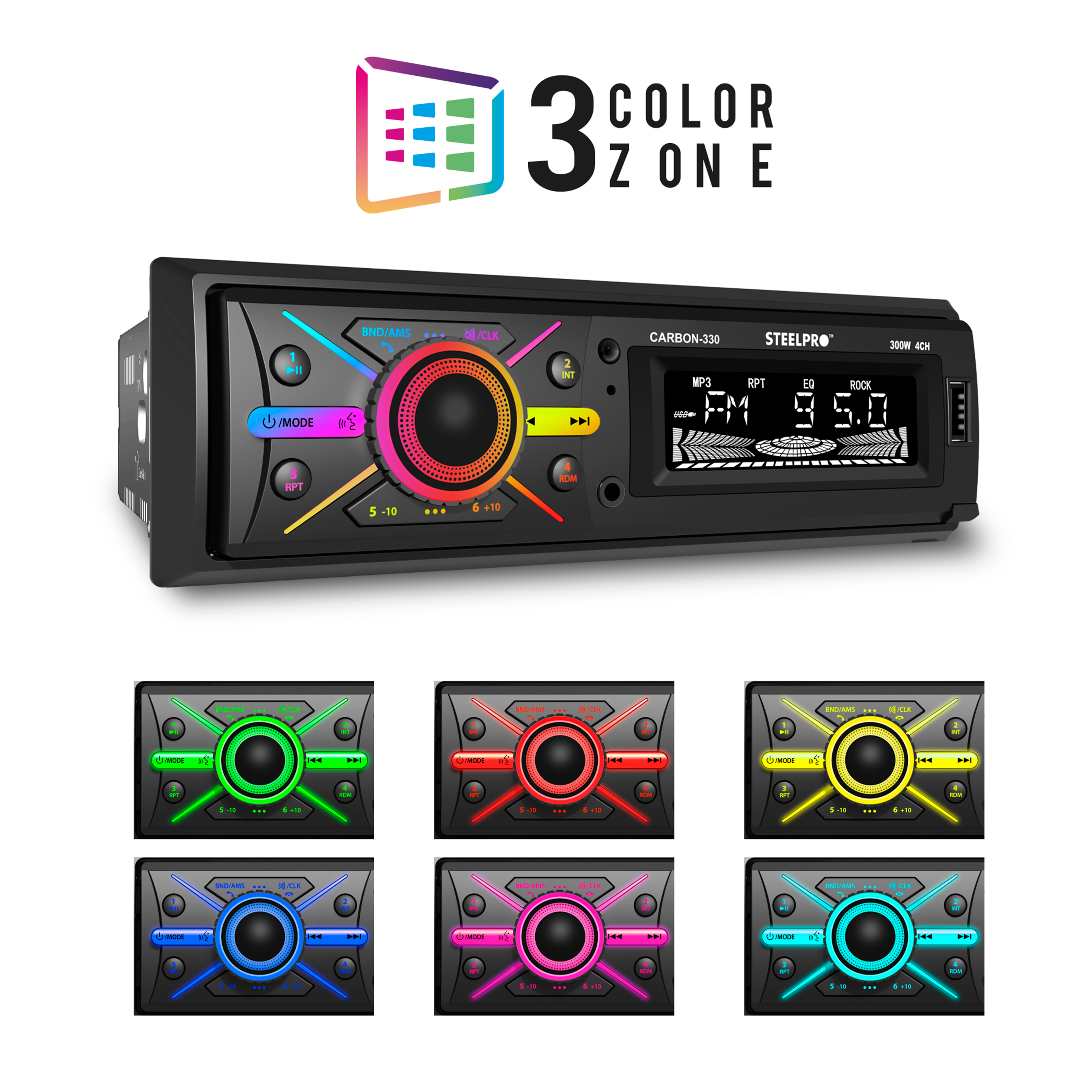 Autoestéreo  CARBON-330 1 Din Caratula desmontable STEELPRO