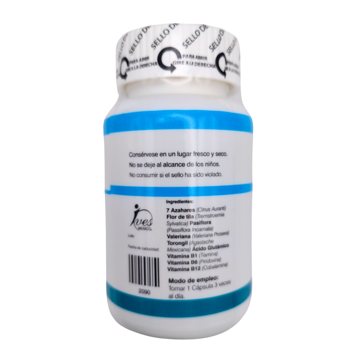 Pasiflora Valeriana 7 azahares Toronjil Tila Vitaminas B1 B6 B12 Ácido Glutámico Real XB Ives Evolution México 90 uds..