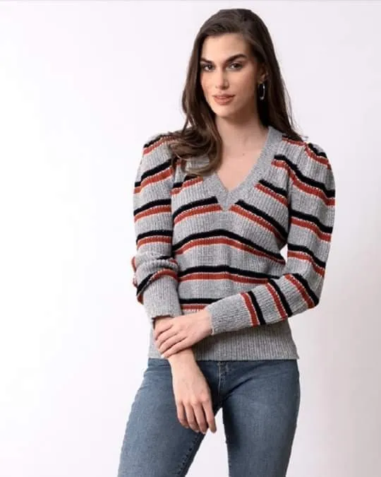 Blusa Tipo Sweater Rayado Gris Con Rojo Y Negro Stop Grande, sueter dama 