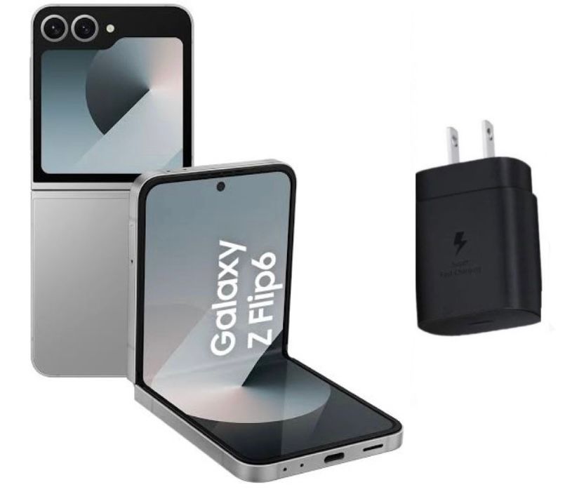 Samsung Galaxy Z Flip 6 Plata 512GB Almacenamiento, Nuevo abierto y 12GB RAM, libre de fábrica.. + Cubo de Carga rápida