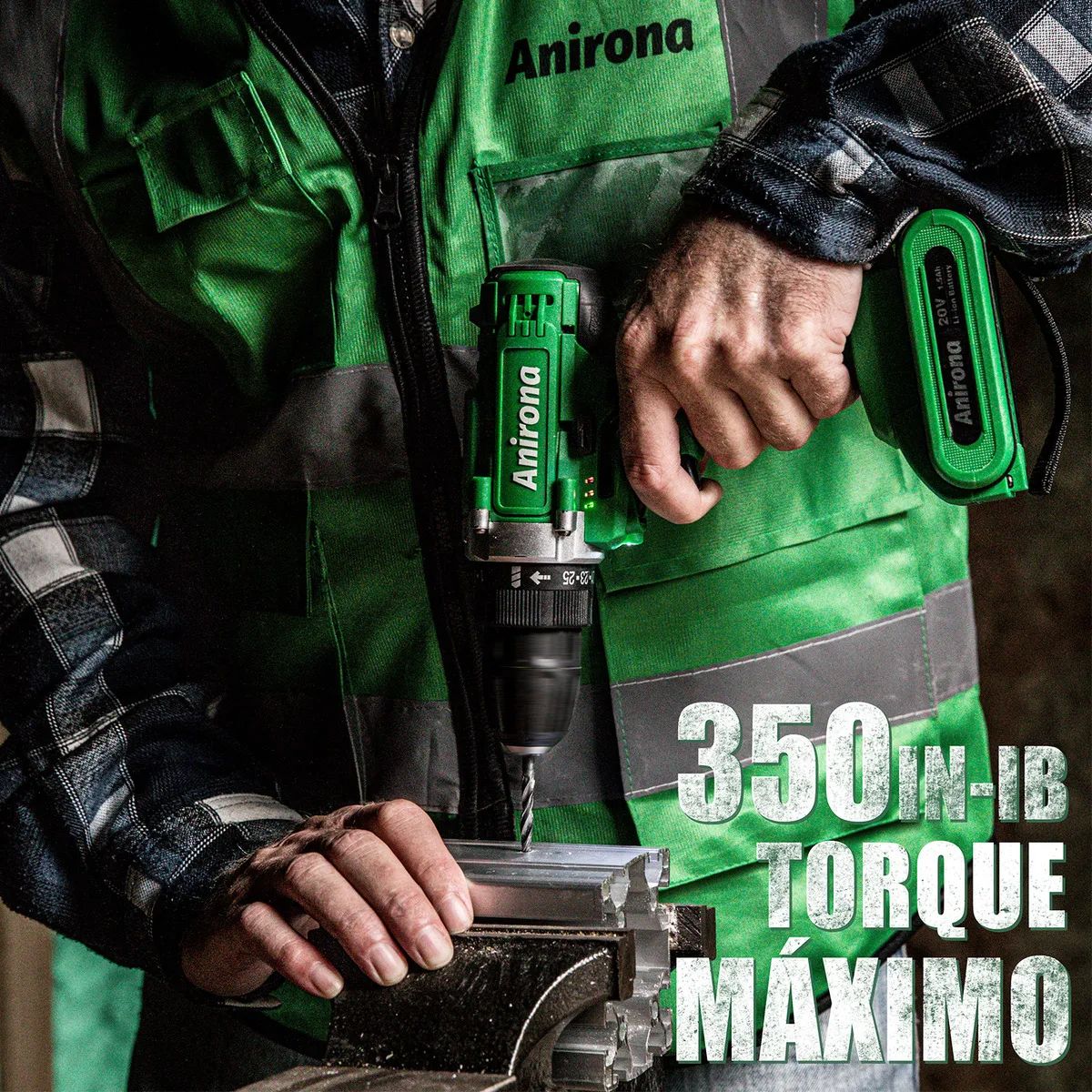 Taladro atornillador inalámbrico de 10mm Anirona  20V + 1 batería de 1.5Ah + accesorios con maletín de transporte Verde