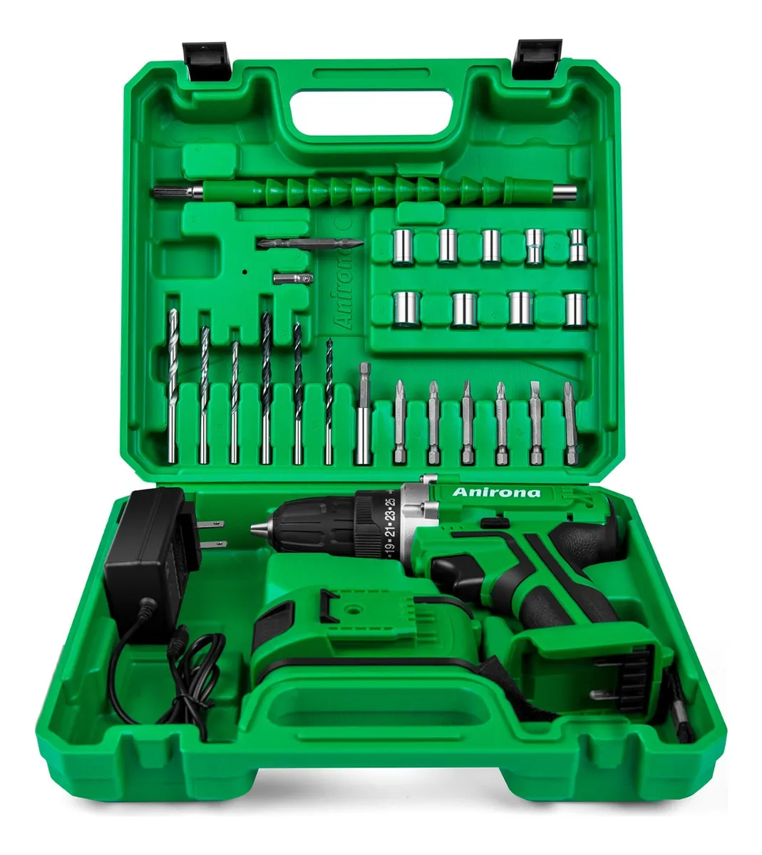 Taladro atornillador inalámbrico de 10mm Anirona  20V + 1 batería de 1.5Ah + accesorios con maletín de transporte Verde
