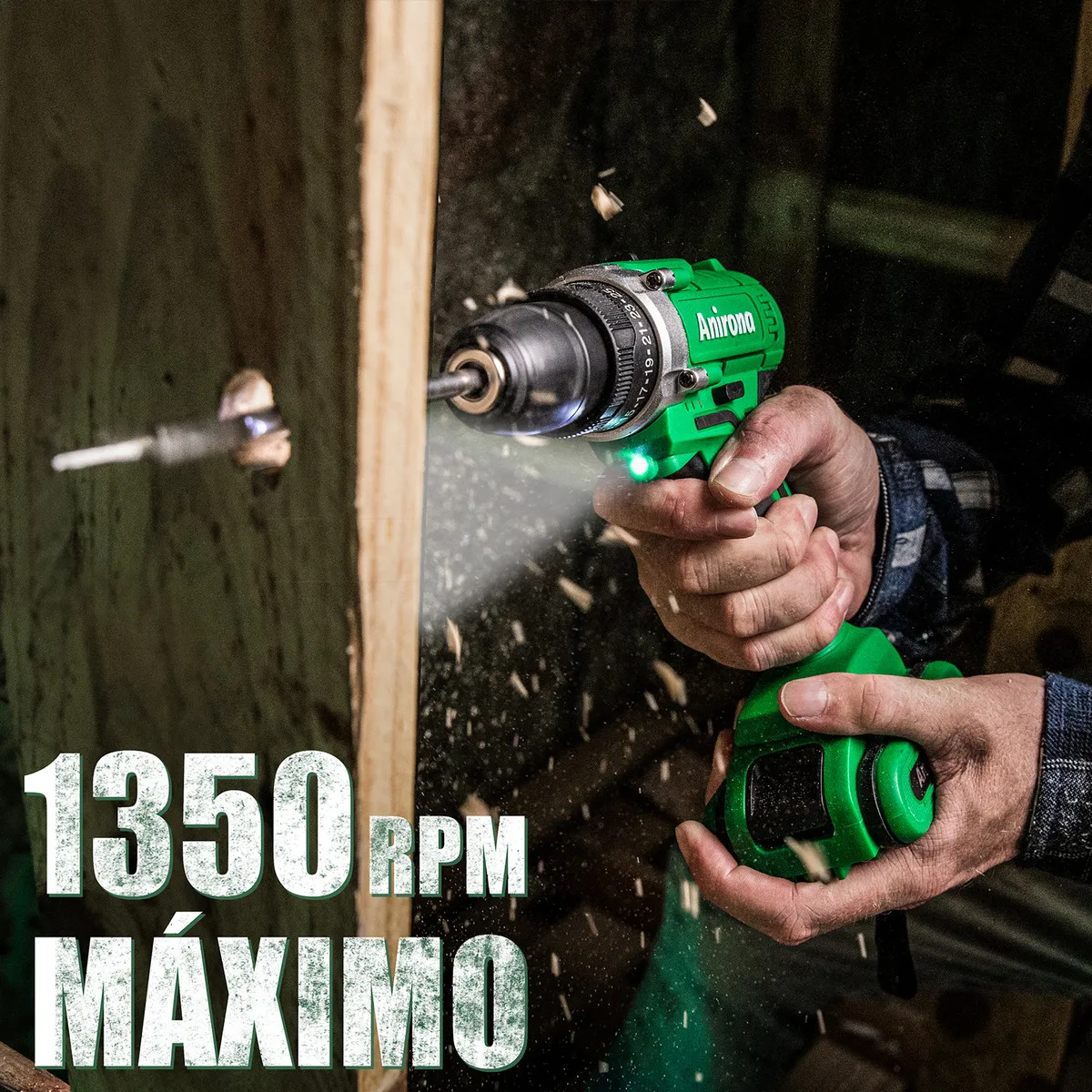Taladro atornillador inalámbrico de 10mm Anirona  20V + 1 batería de 1.5Ah + accesorios con maletín de transporte Verde