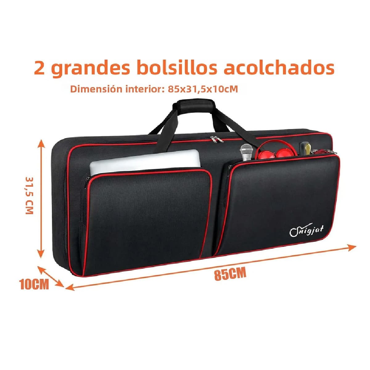 Funda Para Teclado 49 Teclas Bolsa Para Piano Con Bolsillos Negro lineas rojas