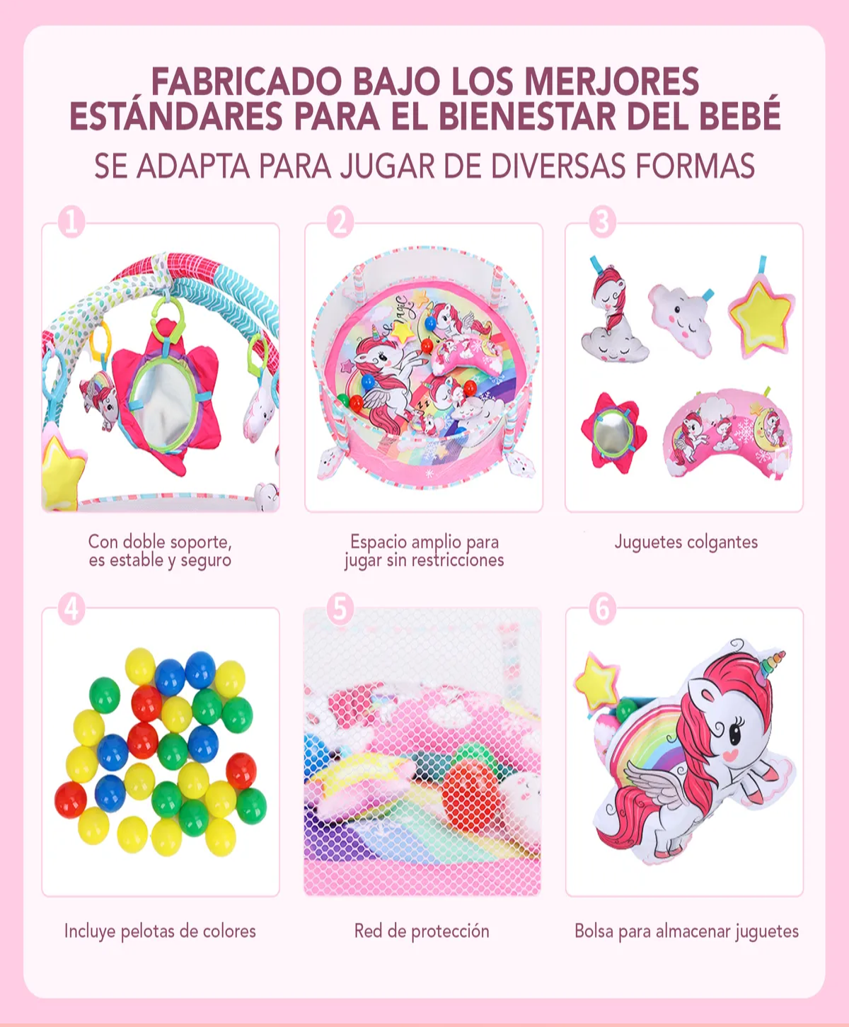 Gimnasio Bebé Interactivo Tapete Didáctico Infantil Nube Unicornio Rosa
