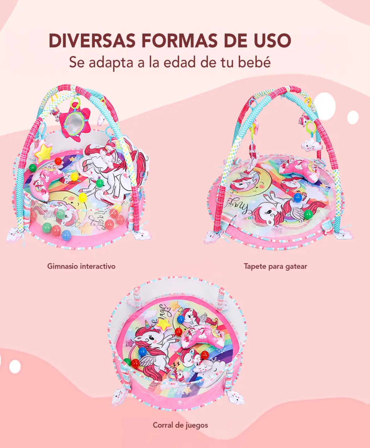 Gimnasio Bebé Interactivo Tapete Didáctico Infantil Nube Unicornio Rosa