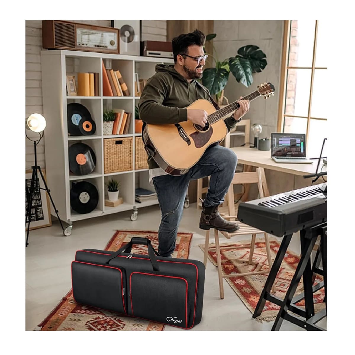 Funda Para Teclado 49 Teclas Bolsa Para Piano Con Bolsillos Negro lineas rojas