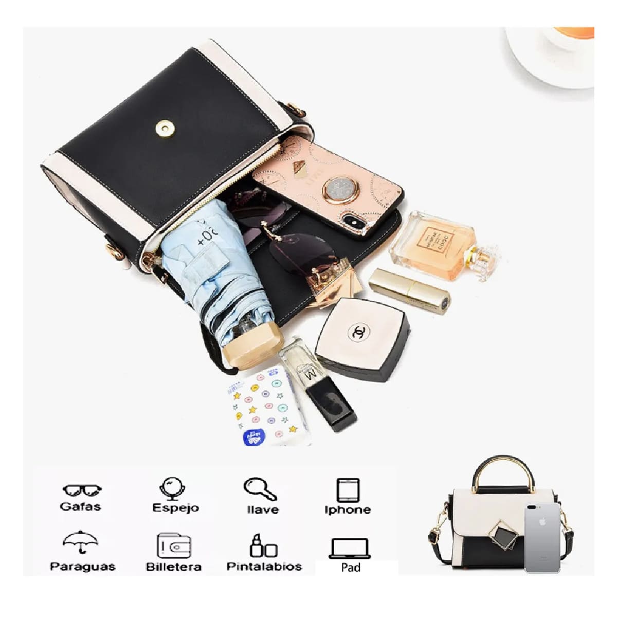 Bolso De Hombro Para Mujer, Bolso De Gran Capacidad Negro/Blanco