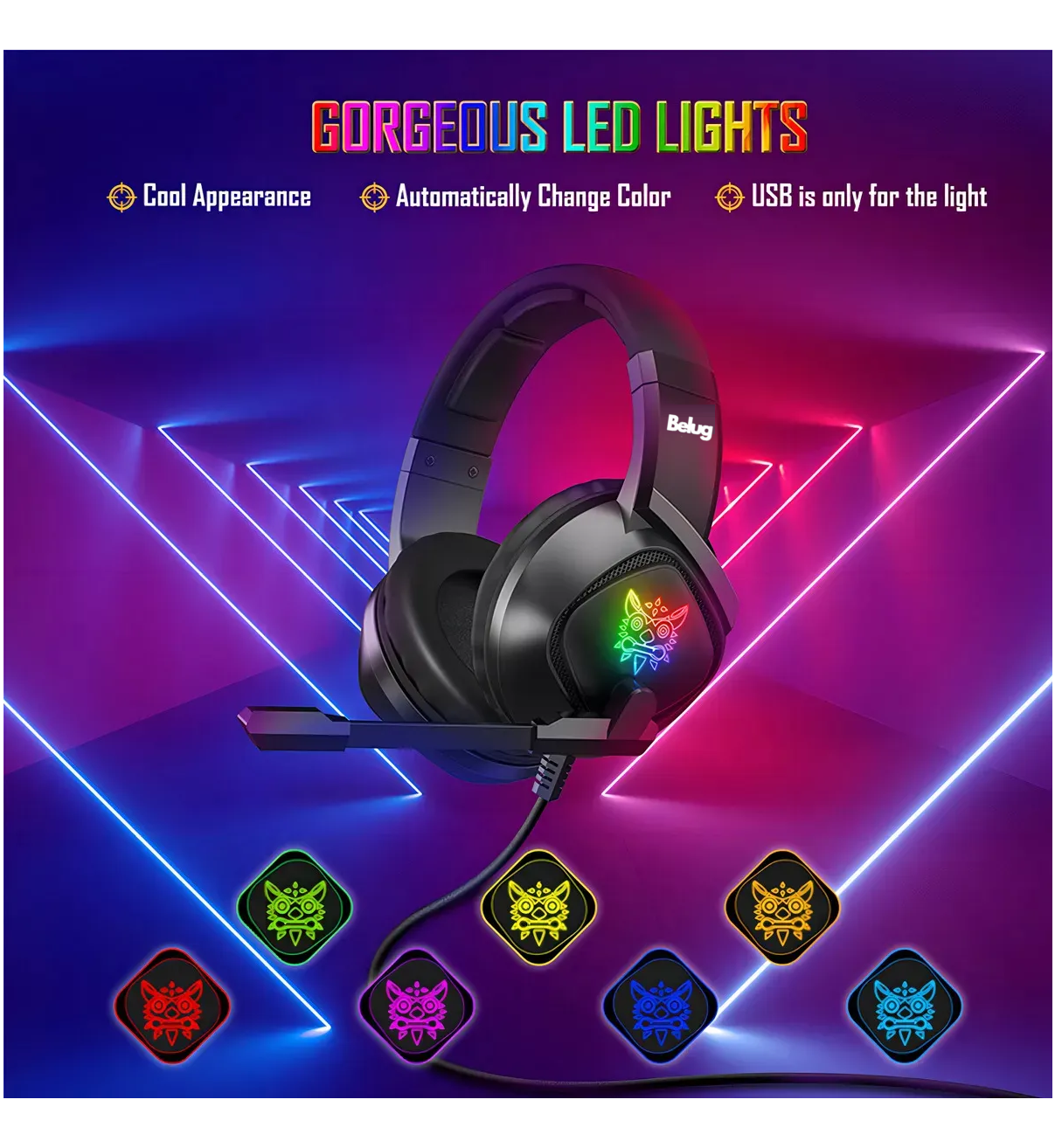 Audífonos Gamer Diadema negro Belug Gaming con microfono con luz rgb LED para Xbox Ps4 Pc
