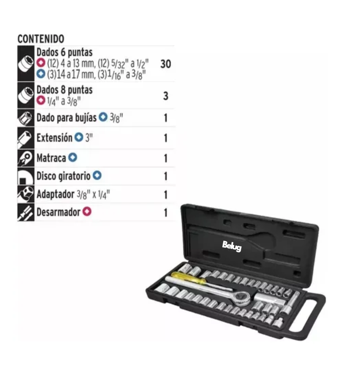 Juego De Dados Con Matraca Belug 40 Piezas Mecanico Moto 1/4' 3/8'