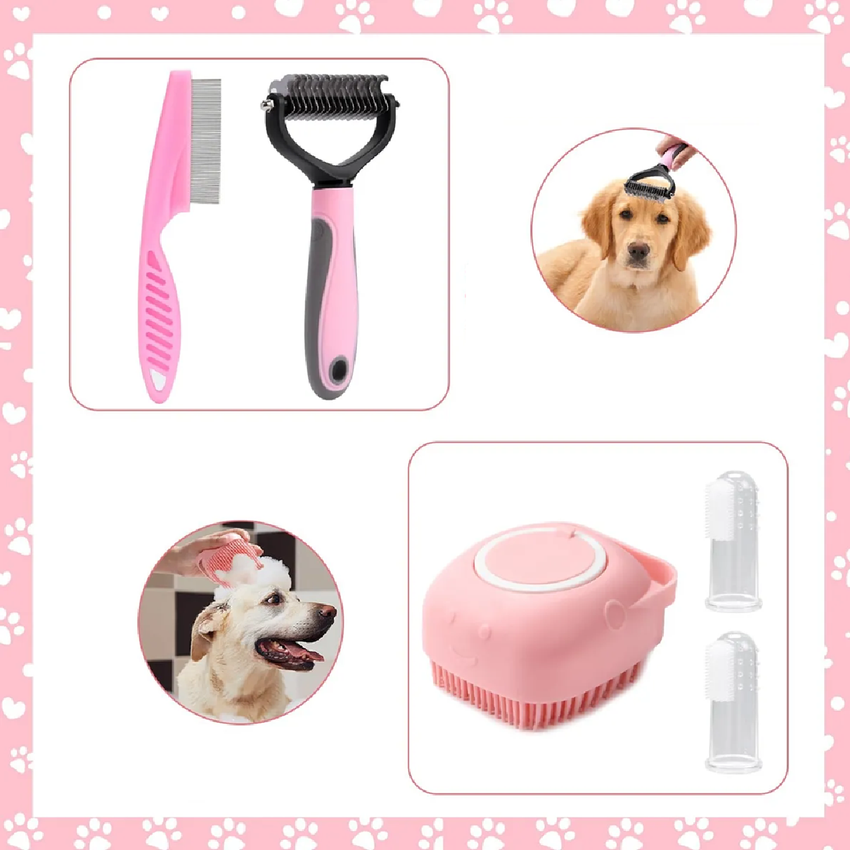 Cepillos De Baño Para Mascotas Perros Profesional 10 Pzs Kit ROSA