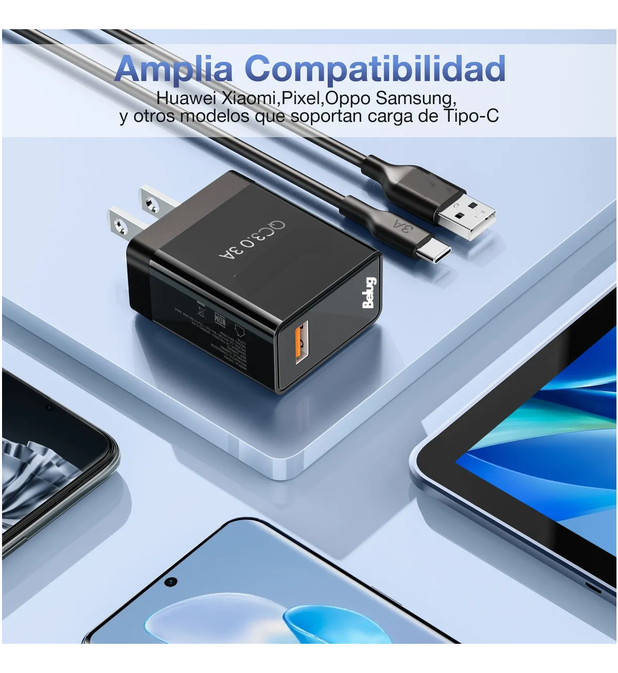 Cargador Tipo C Carga Rápida 3A 18W Turbo  Belug Negro Compatible 