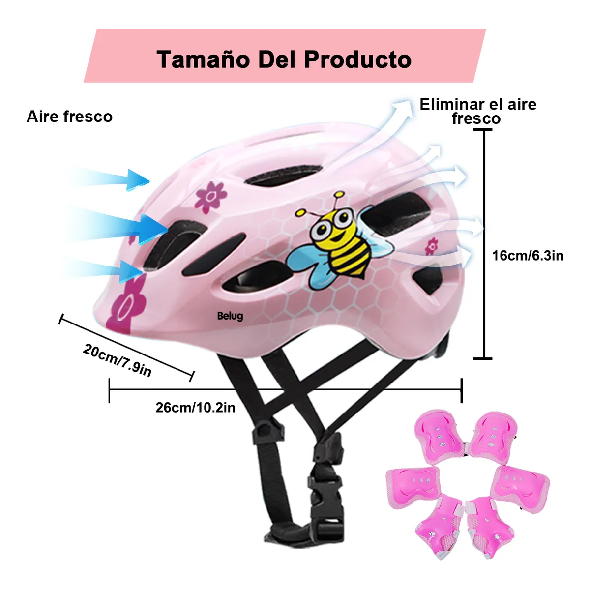 Casco Protección Niño Rodillera Patín Bici Scooter 50-56cm Rosa Abeja