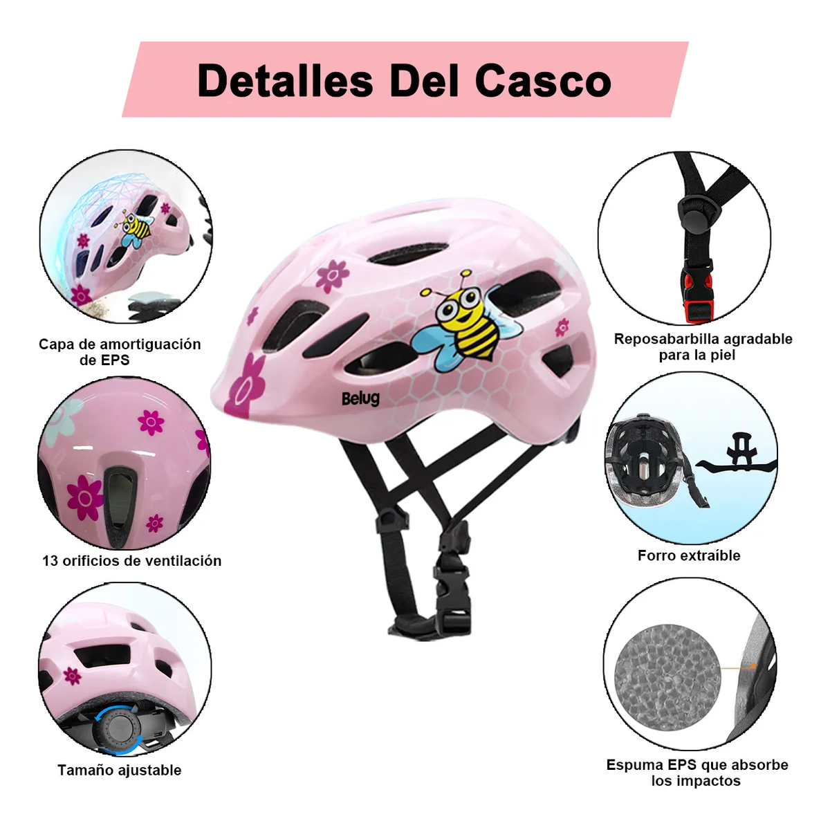 Casco Protección Niño Rodillera Patín Bici Scooter 50-56cm Rosa Abeja