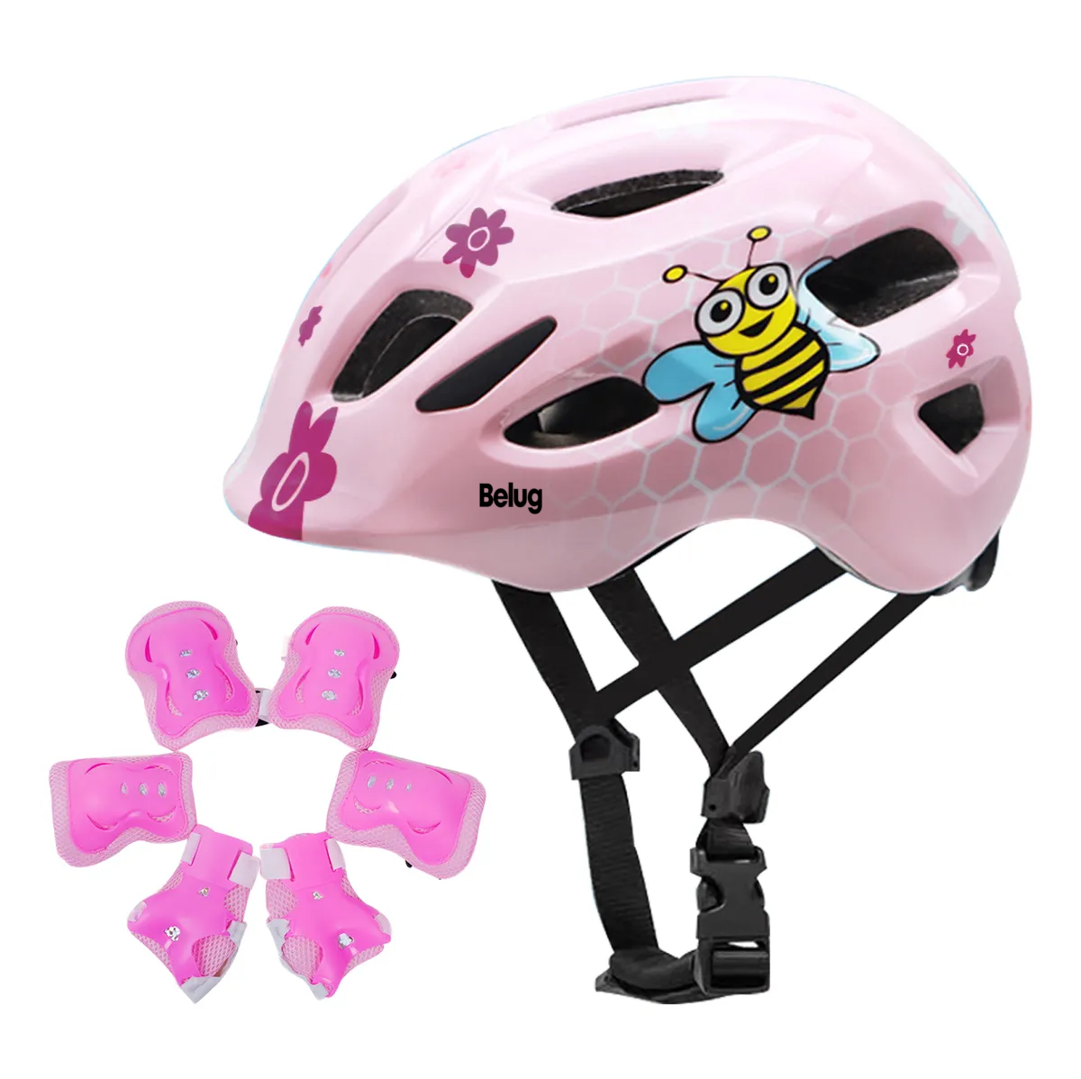 Casco Protección Niño Rodillera Patín Bici Scooter 50-56cm Rosa Abeja