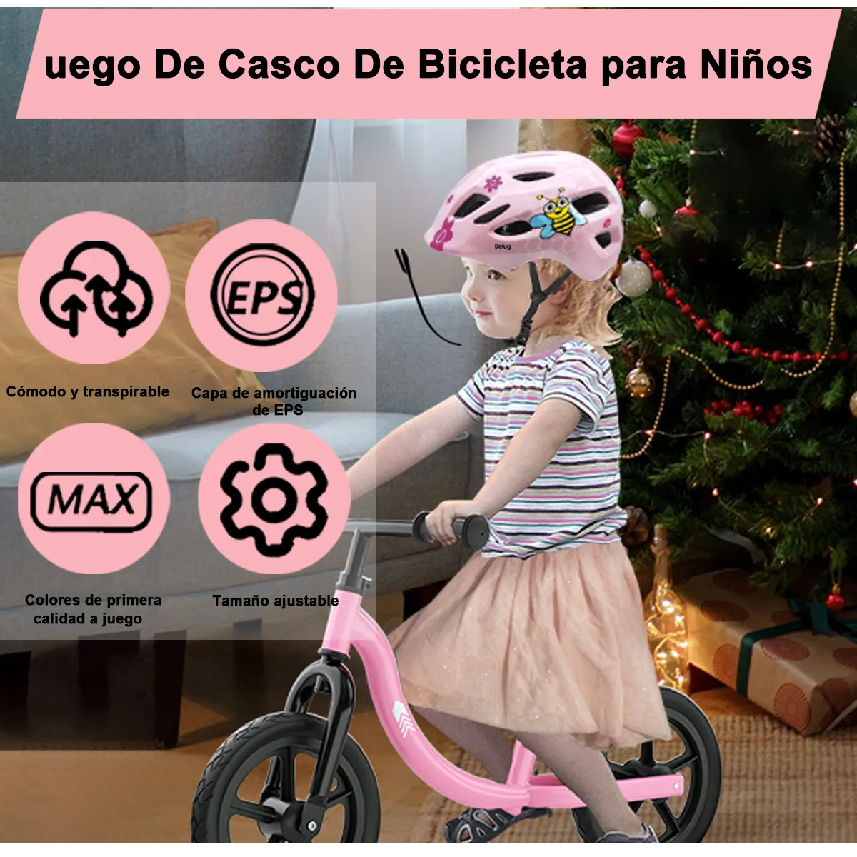 Casco Protección Niño Rodillera Patín Bici Scooter 50-56cm Rosa Abeja