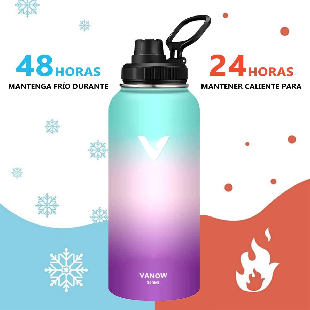 Termo de Acero Inoxidable, Termo de Agua con 2 Tapas