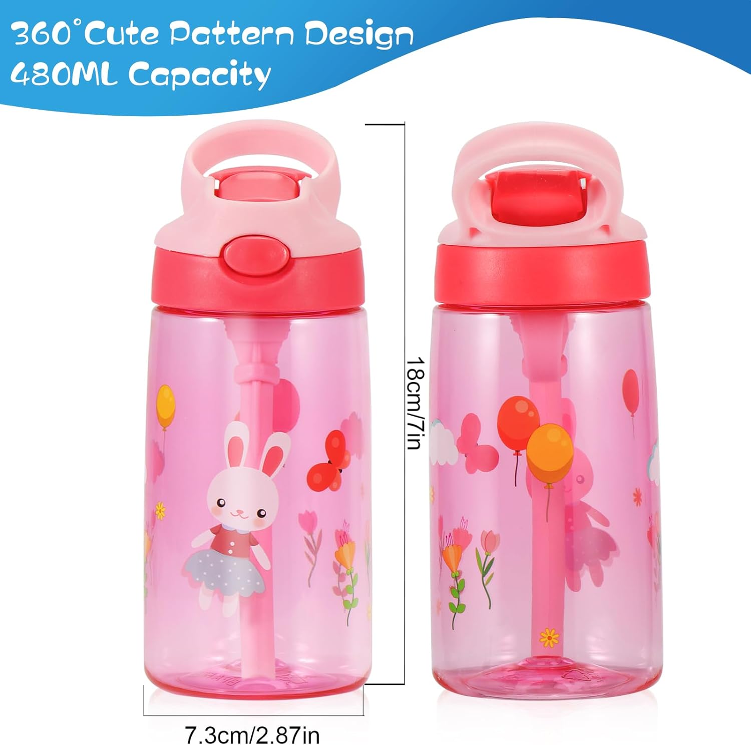Cantimplora infantil, 480 ml, botella de agua infantil con pajita