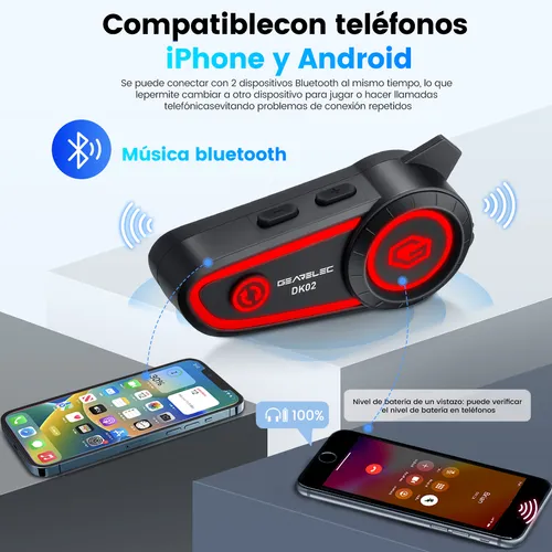 Gearelec Dk02 Audífonos Para Casco De Motos 2800mAh Bluetooth5.2 Impermeables Ipx7