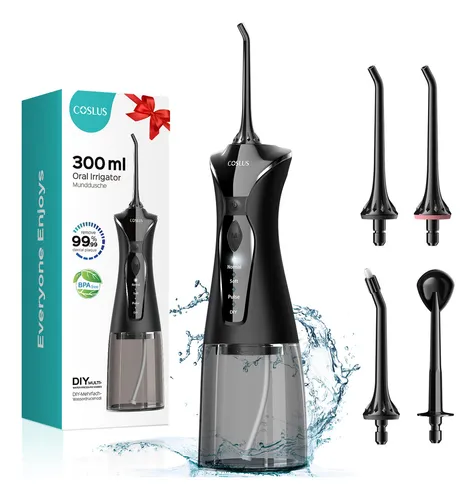 COSLUS Irrigador Bucal, Irrigador Dental Profesional con 4 Boquillas, 4 Modos, Tanque de Agua de 300 Ml IPX7 Impermeable