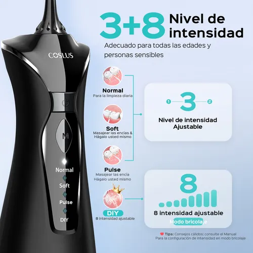 COSLUS Irrigador Bucal, Irrigador Dental Profesional con 4 Boquillas, 4 Modos, Tanque de Agua de 300 Ml IPX7 Impermeable