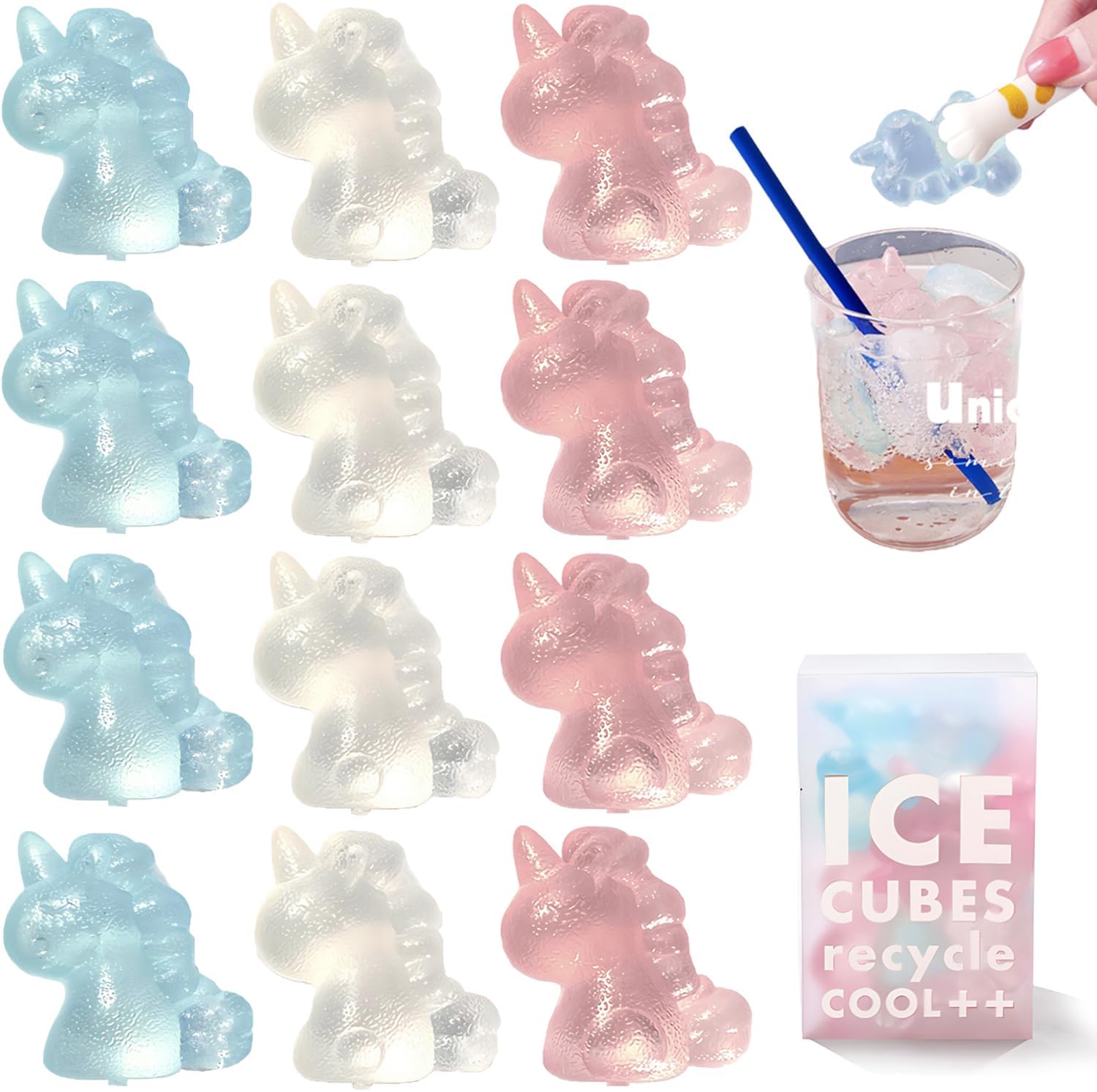 Cubitos de hielo de plástico de unicornio coloridos sin BPA, 12 cubos de hielo recongelables no derretidos