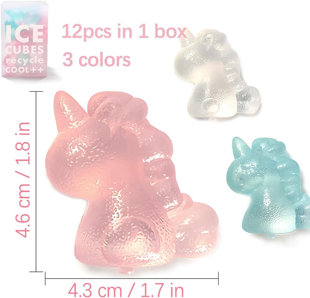 Cubitos de hielo de plástico de unicornio coloridos sin BPA, 12 cubos de hielo recongelables no derretidos