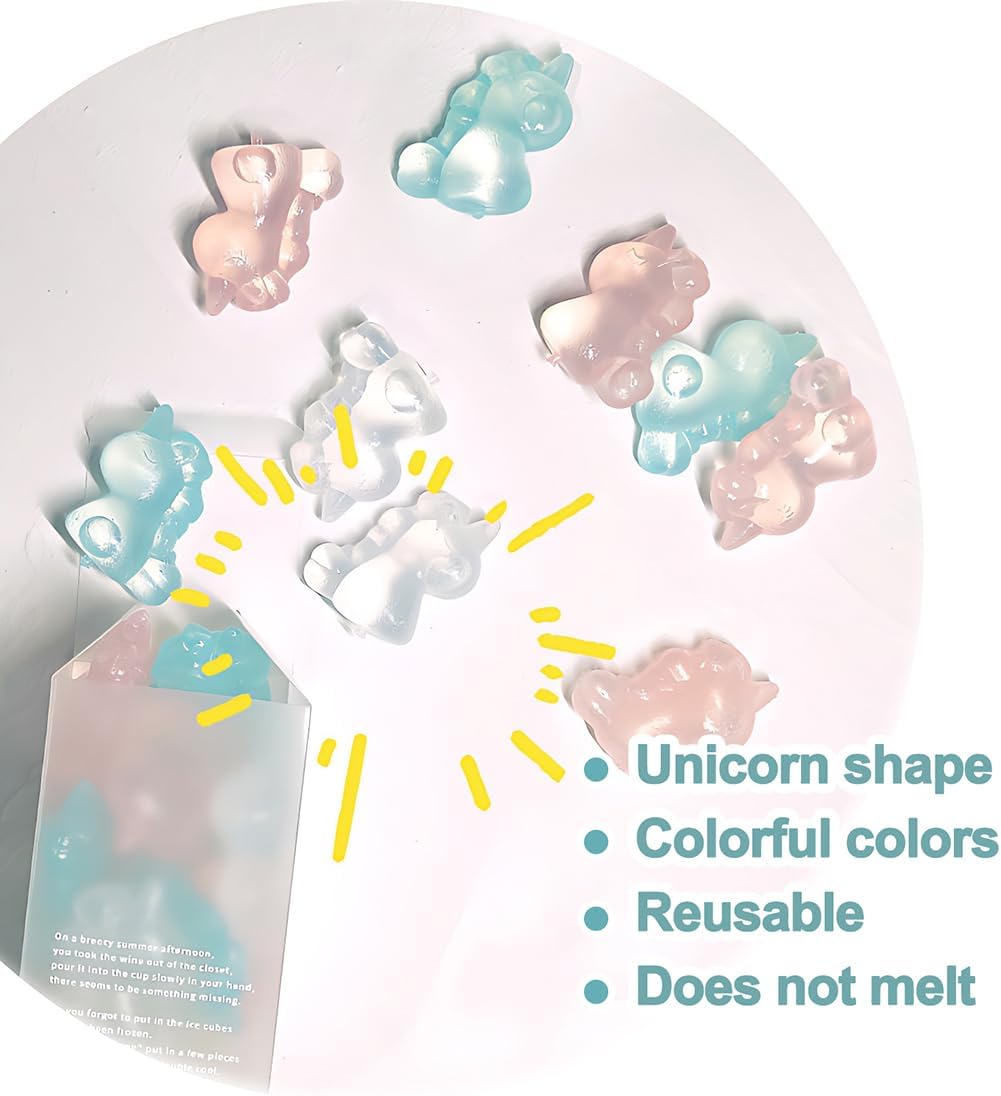 Cubitos de hielo de plástico de unicornio coloridos sin BPA, 12 cubos de hielo recongelables no derretidos
