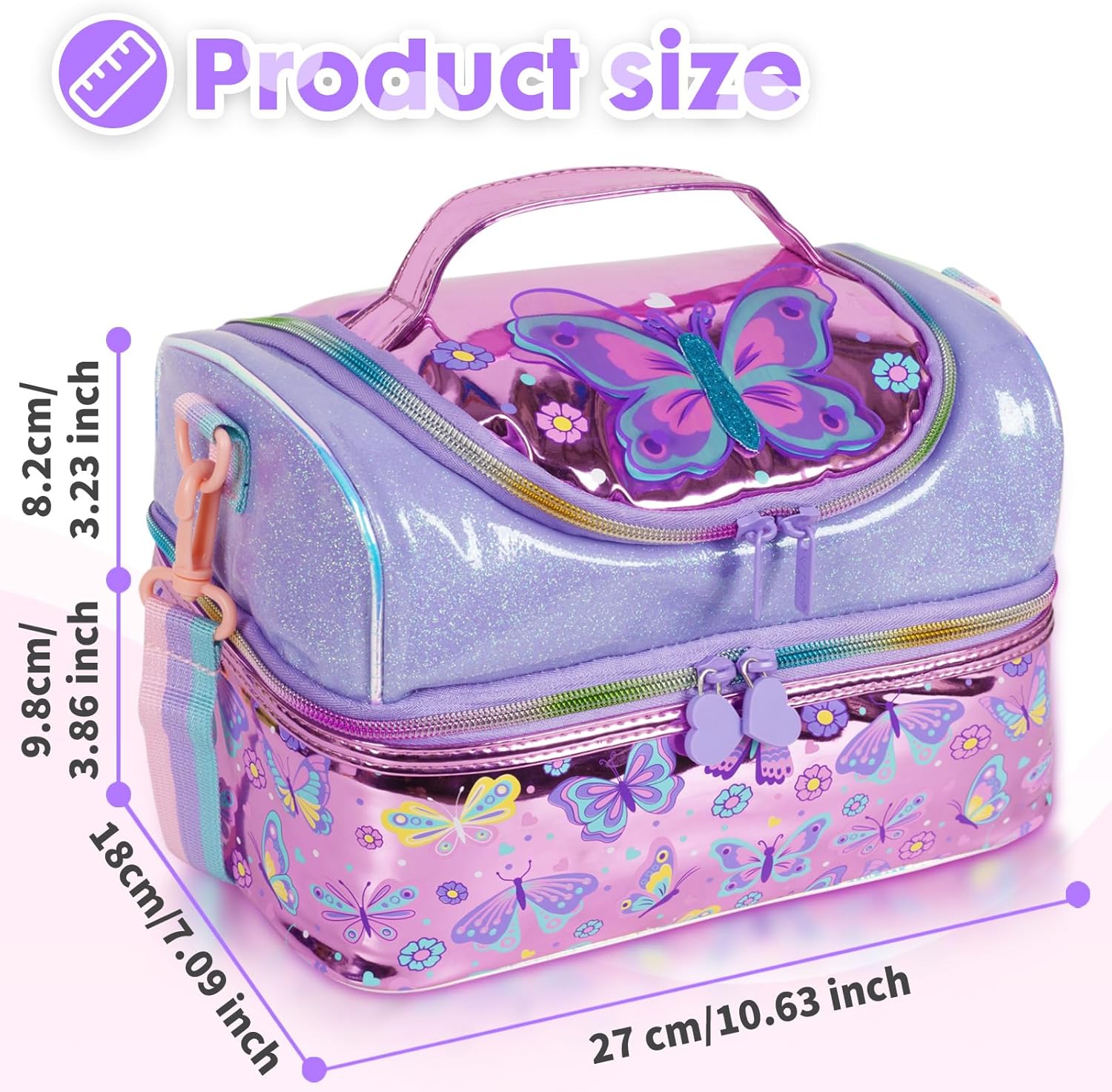Bolsa de almuerzo con aislamiento de doble piso, para niñas, mujeres, con correa ajustable, mariposa