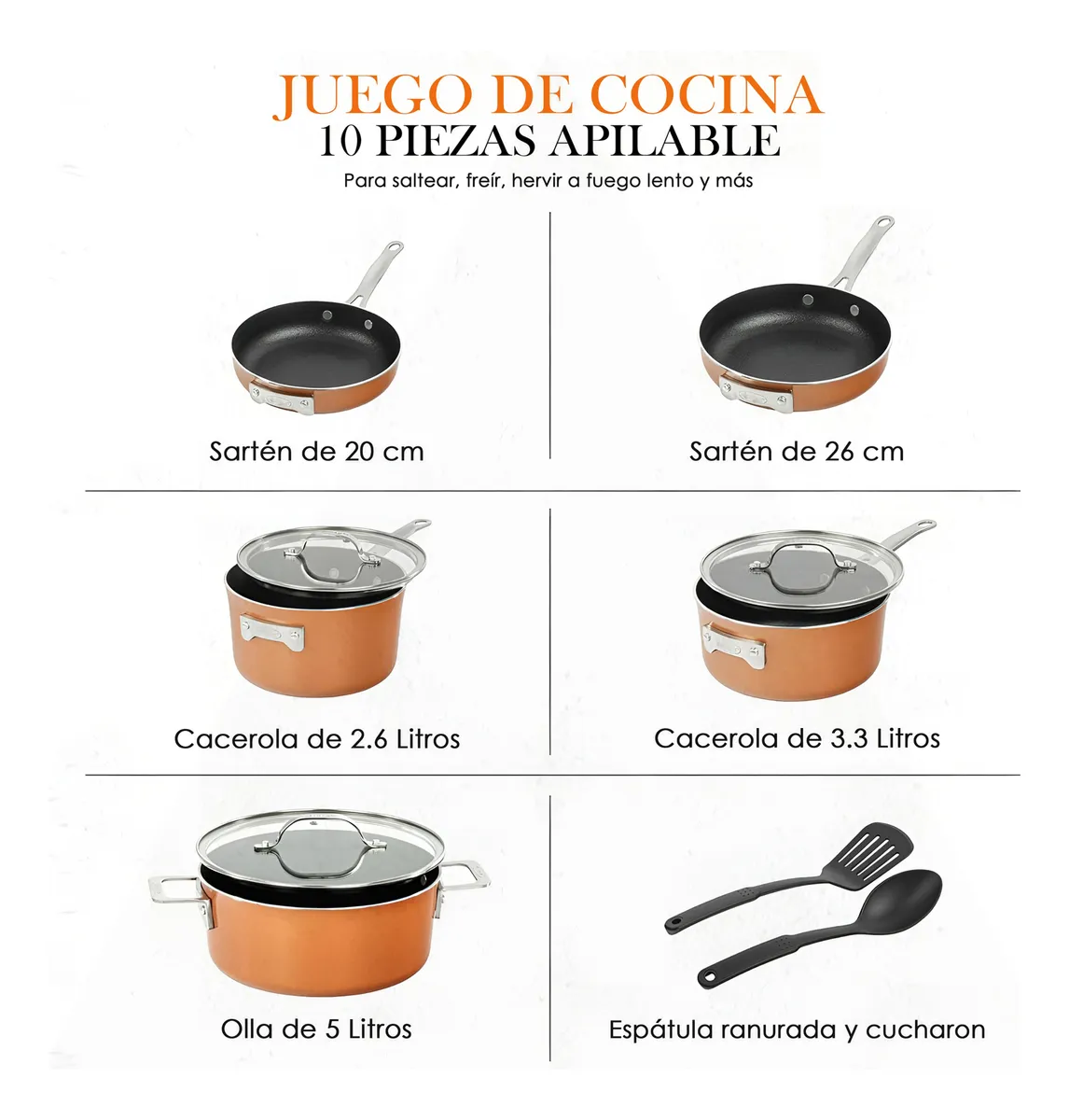 Bateria Cocina Gotham Steel 10 Pz Ultra Antiadherente Copper