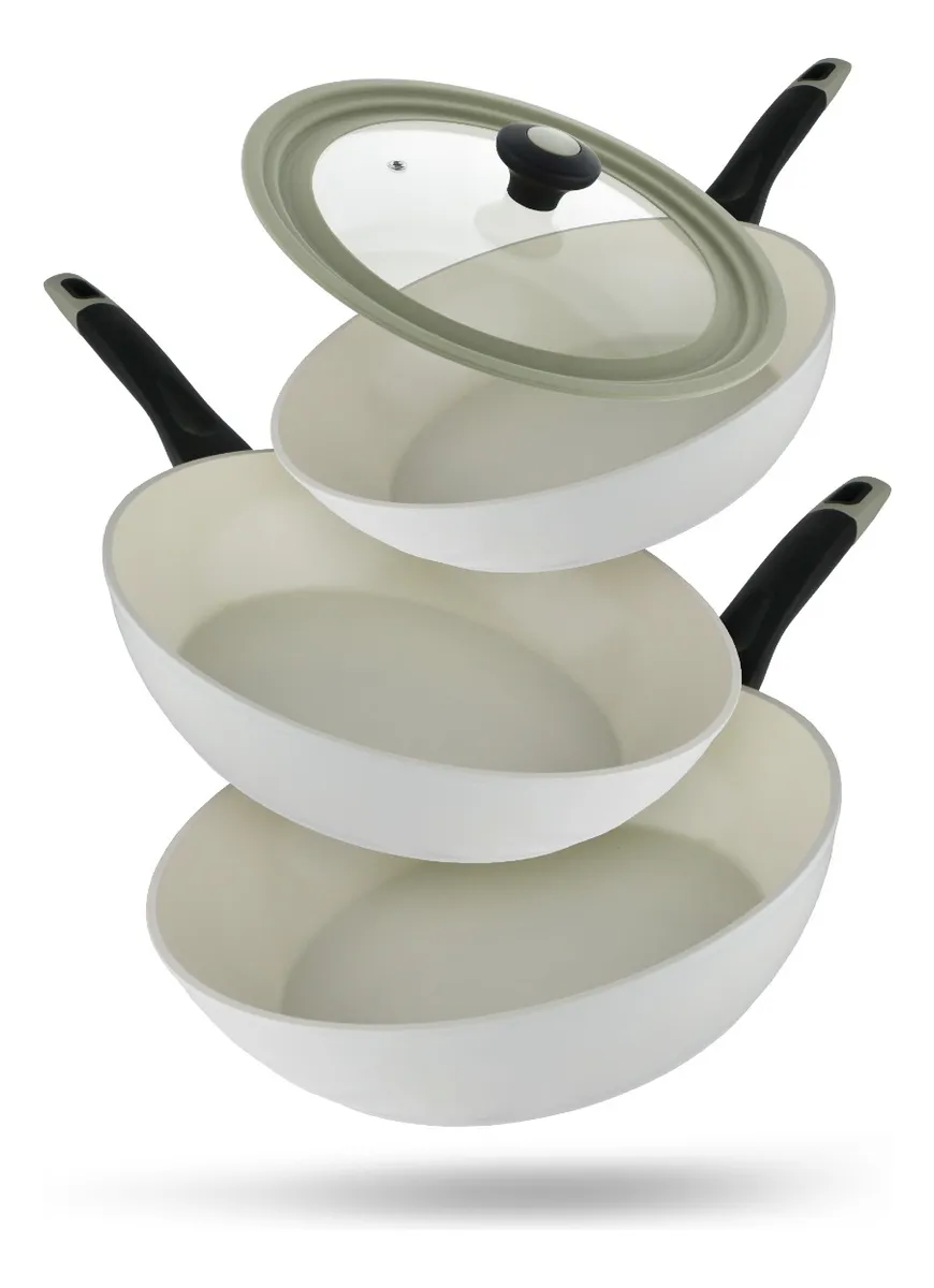 Juego De Sartenes Wok Ceramic Antiadherente + Tapa Universal