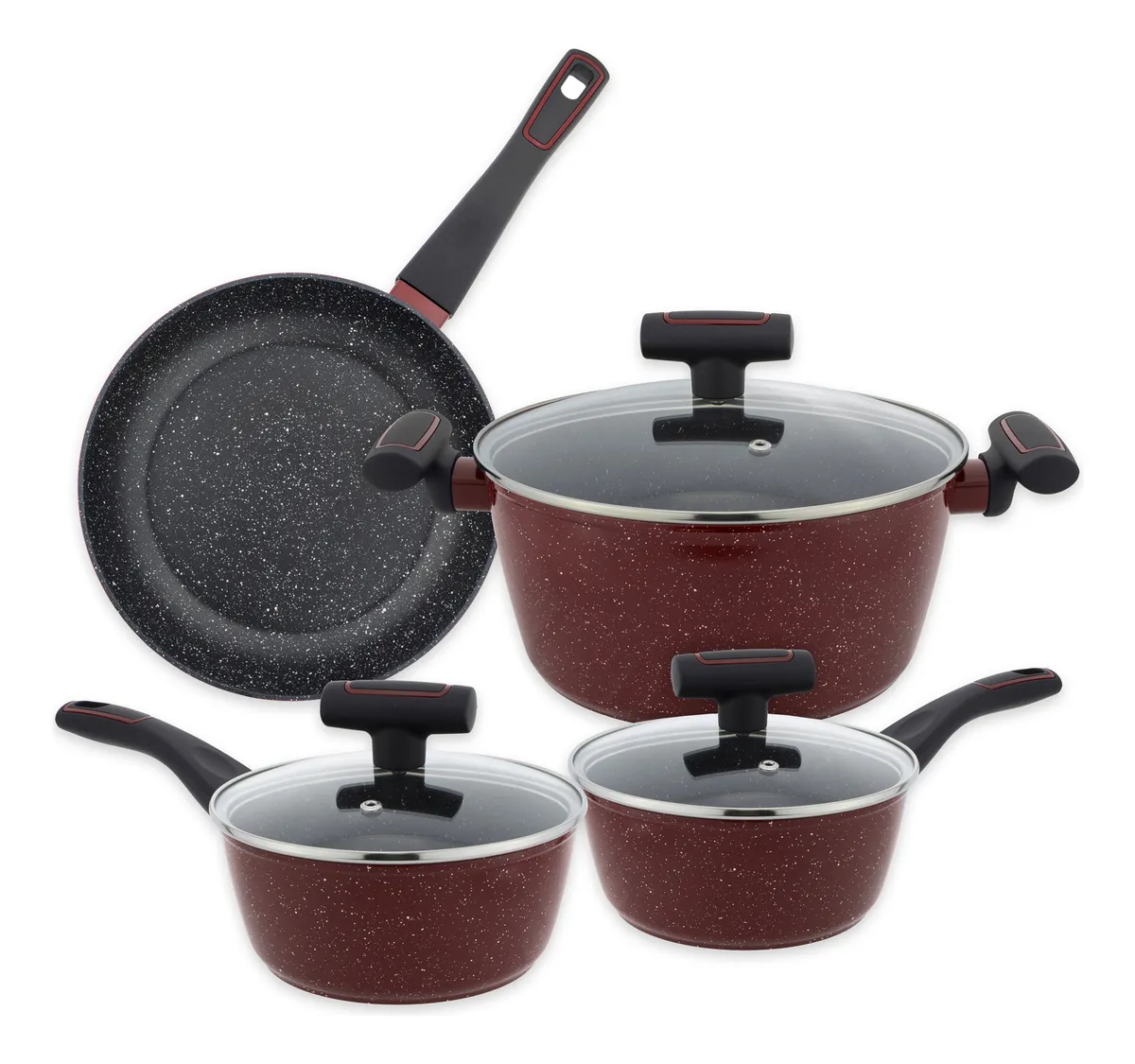 Batería De Cocina Completa 7 Piezas Antiadherente Con Tapas Roja